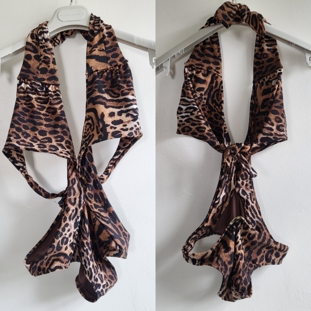 New Brasini Swimwear Halter Deep V-Neckline Animal Print Monokini Swimsuit Sz M
